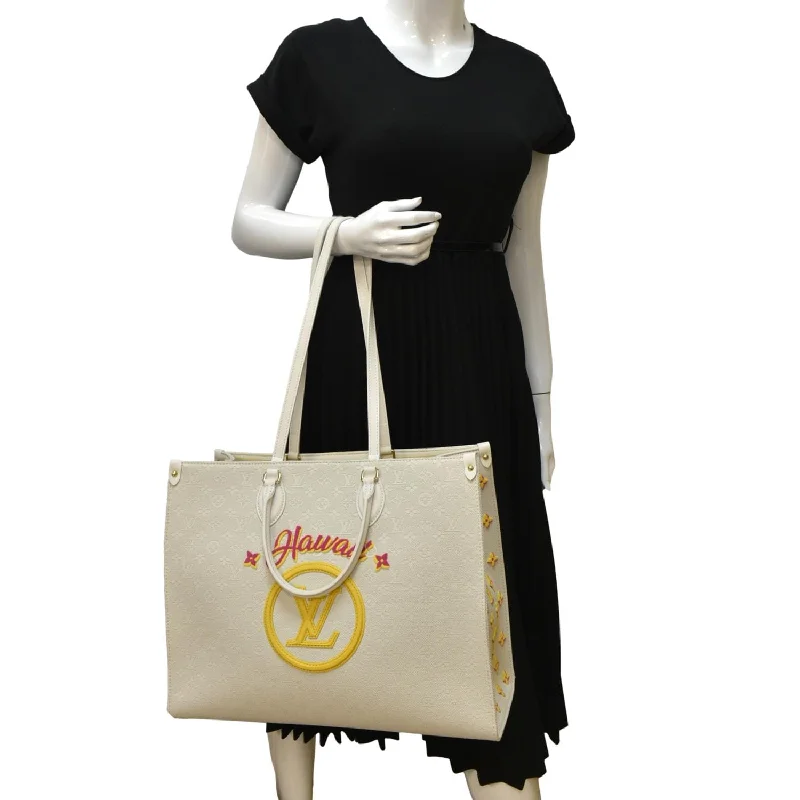 Ladies Louis Vuitton shoulder bags with a tassel decoration for charmLOUIS VUITTON Hawaii Onthego GM Monogram Tuffetage Tote Shoulder Bag Off White