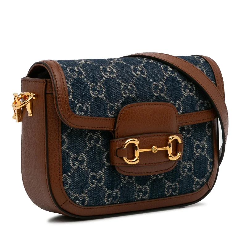 Women Gucci bags with a zip - around closure for securityGucci Mini GG Denim Horsebit 1955 Satchel (7wIpkG)