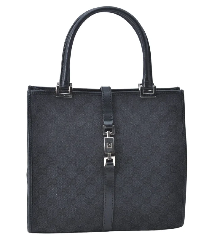 Ladies Gucci shoulder bags with a wide - width strapAuthentic GUCCI Jackie Hand Tote Bag Purse GG Canvas Leather 0021065 Black J0481