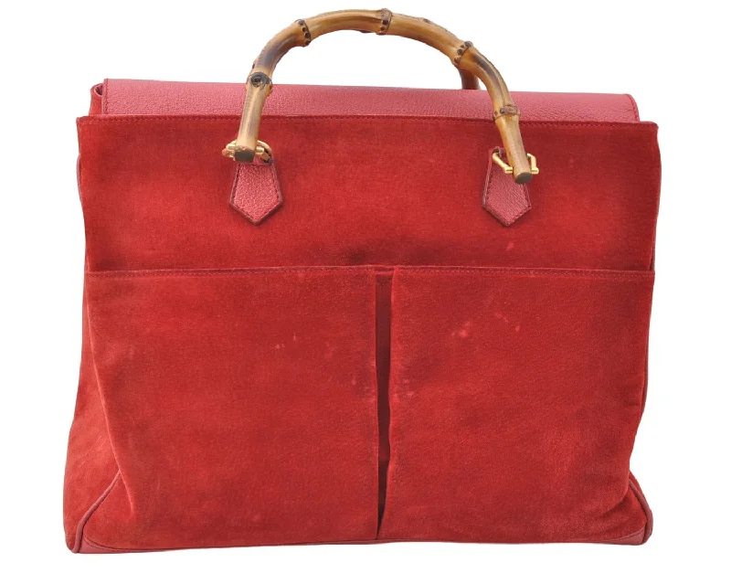 Women Gucci Sylvie bags with a detachable ribbon detailAuthentic GUCCI Bamboo Hand Bag Suede Leather Red J0761