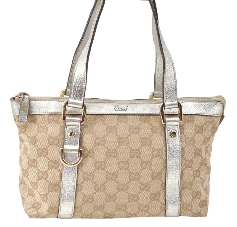 Women Gucci crossbody bags with a keychain holderAuthentic GUCCI Tote Hand Bag GG Canvas Leather 141471 Beige Gold J0619