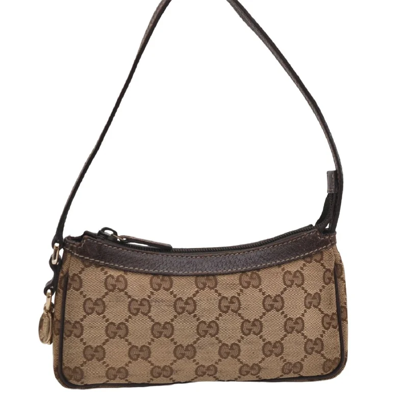 Women Gucci bags with interlocking G hardware for a classic lookAuthentic GUCCI Accessory Hand Pouch Purse GG Canvas Leather 154432 Brown 7123D