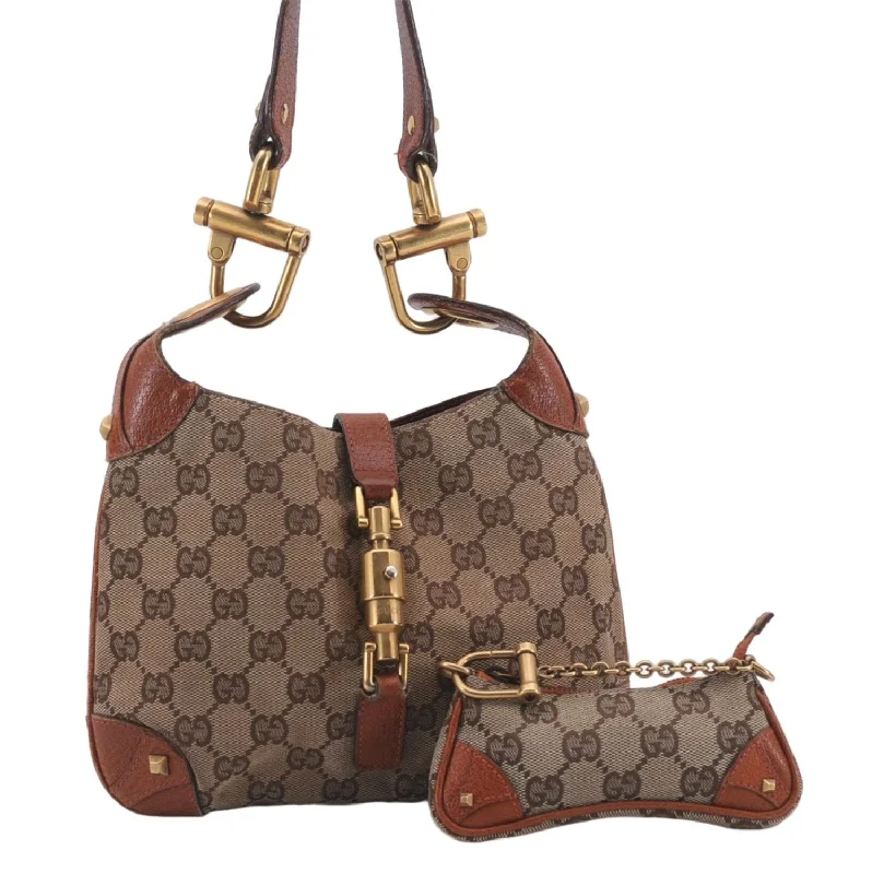 Gucci backpacks for women with a hidden back pocketAuth GUCCI New Jackie Shoulder Hand Bag GG Canvas Leather 120885 Brown 7124D