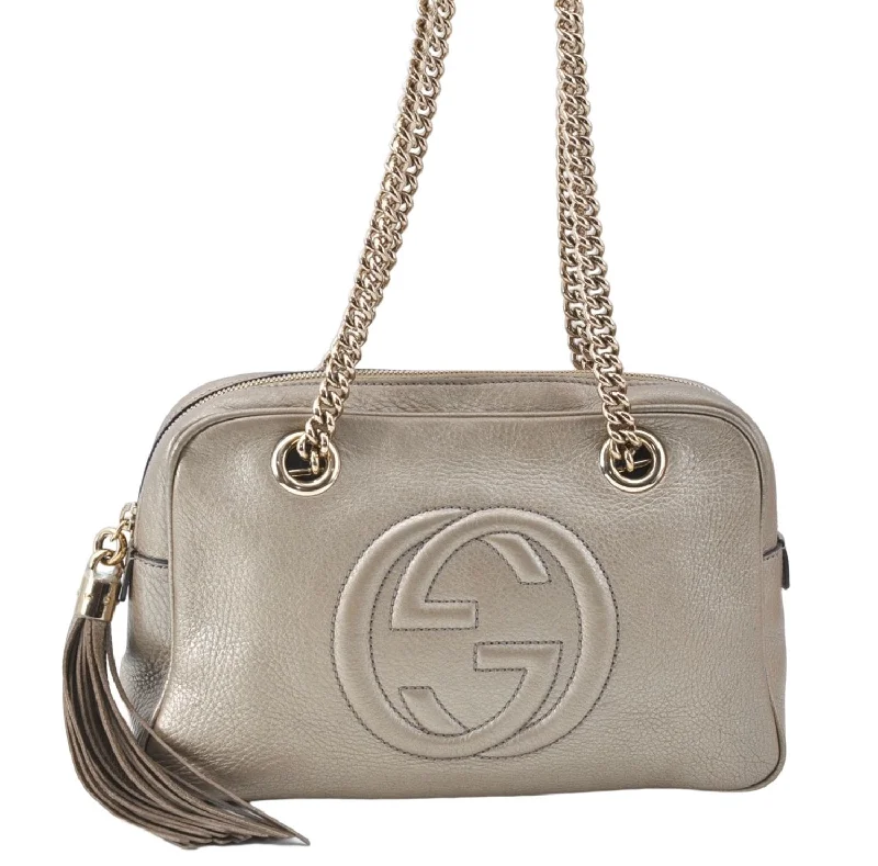 Women Gucci bags with a snap - button closure and a decorative charmAuthentic GUCCI SOHO Tassel Chain Shoulder Boston Bag Leather 308983 Gold J0599