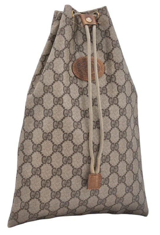 Gucci tote bags for women with a printed Gucci logoAuthentic GUCCI Vintage Drawstring Pouch Purse GG PVC Leather Brown 6445D