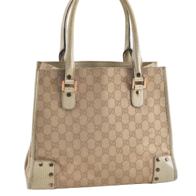 Ladies Gucci shoulder bags with a magnetic - closure flapAuthentic GUCCI Shoulder Tote Bag GG Canvas Leather 124260 Beige J0607