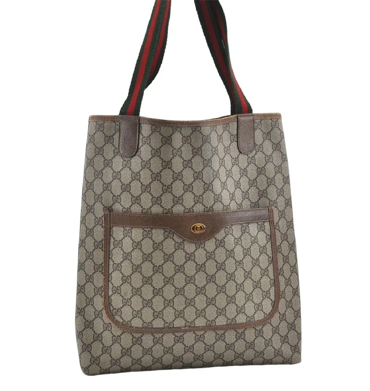 Women Gucci backpacks with a luxurious leather finishAuthentic GUCCI Web Sherry Line Shoulder Tote Bag GG PVC Leather Brown 5268D