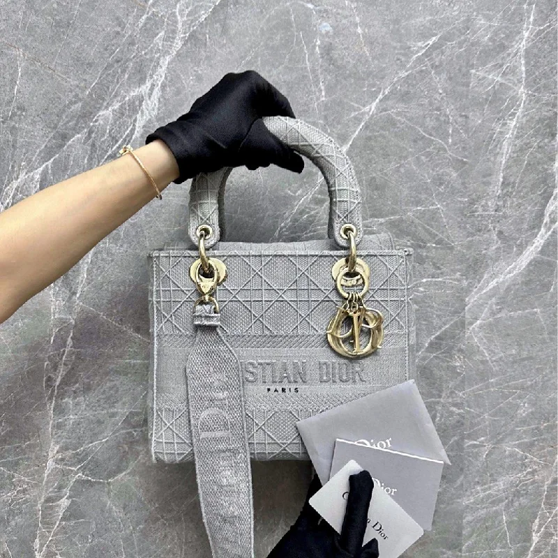 Christian Dior handbags with a detachable mirror for on - the - go touch - upsLady D-Lite Medium Grey Cannage Embroidery GHW