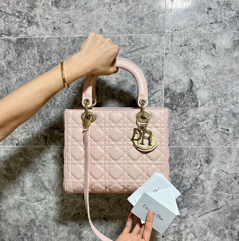 Luxury Christian Dior crossbody bags with a chain - link strapLady Medium Sakura Pink Lambskin GHW