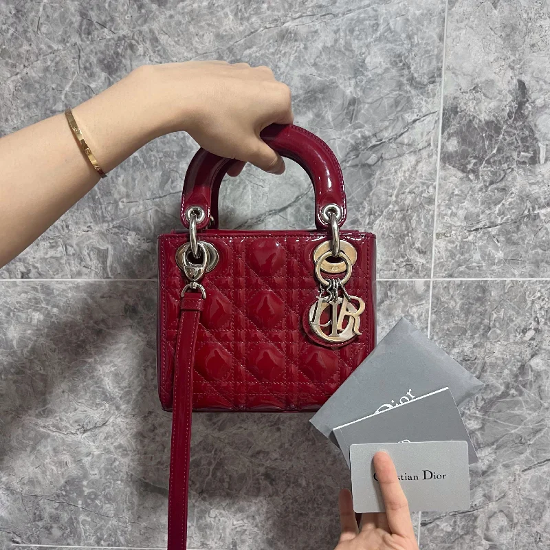 Christian Dior handbags with a snap - button closure and a decorative buckleLady Mini Burgendy Adjustable Strap SHW Patent Leather