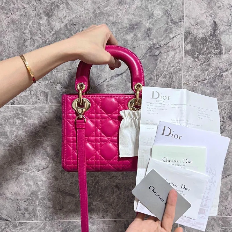 Christian Dior handbags with a snap - button closure and a decorative buckleLady Mini Lambskin Pink GHW